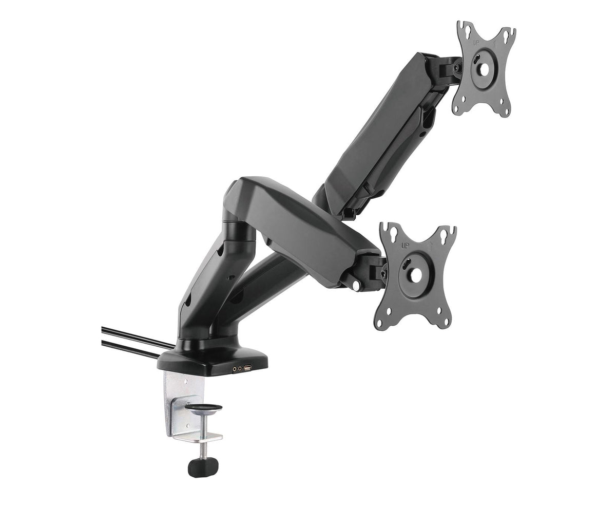 Black double monitor arm on a white background
