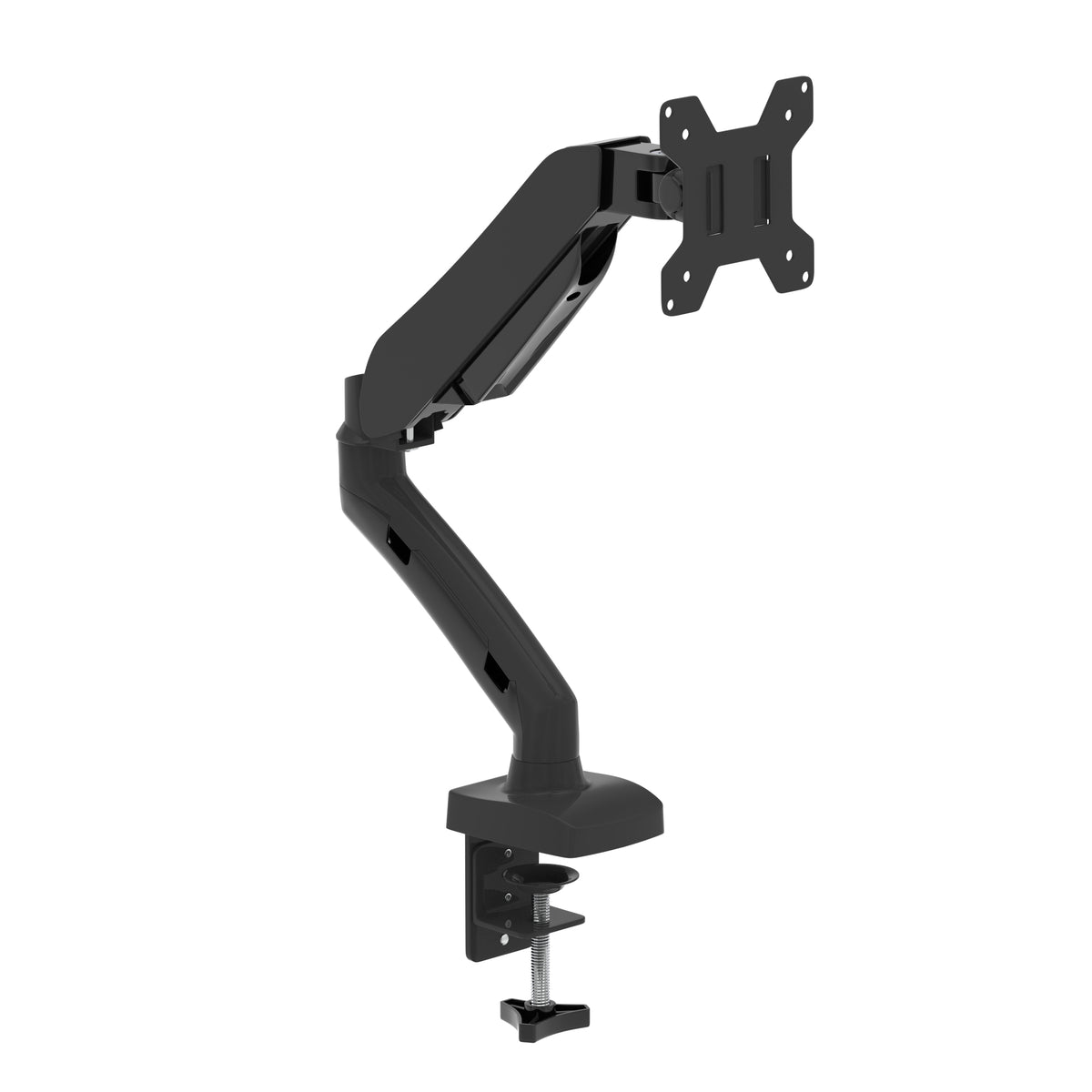 Black adjustable desk monitor arm with a clip-on base and VESA mount bracket, shown on a plain white background.