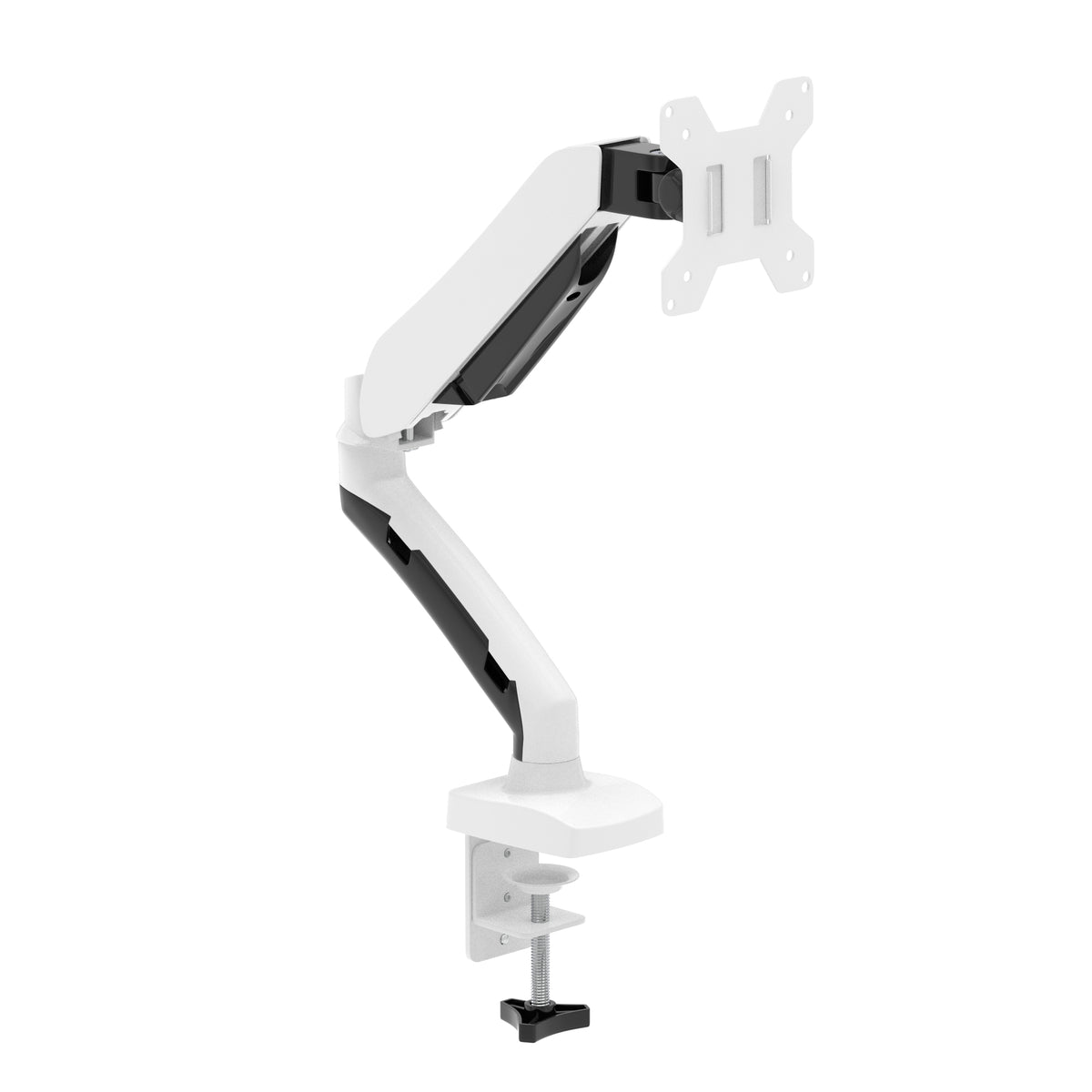 White and black adjustable desk monitor arm with a clip-on base and VESA mount bracket, shown on a plain white background.