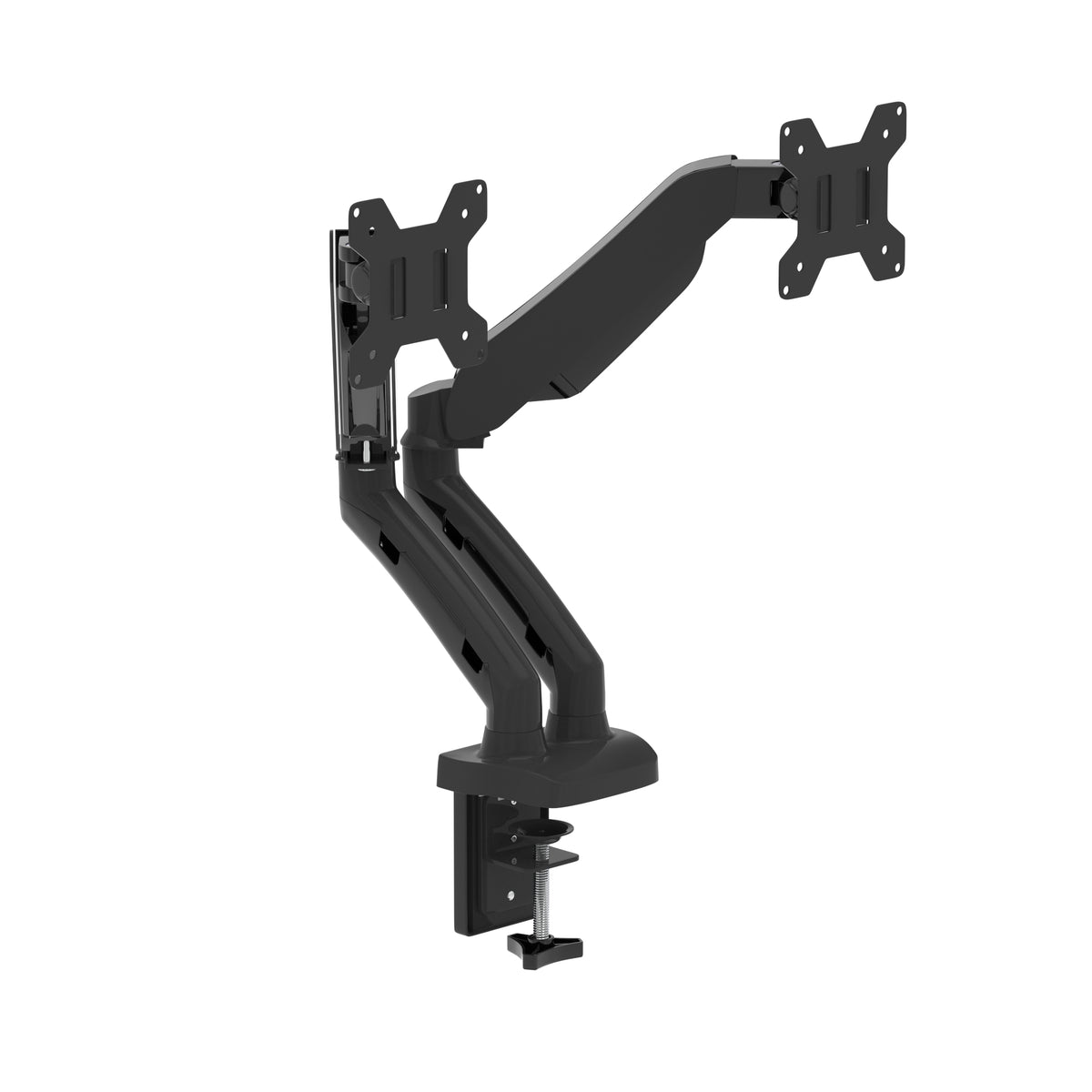 Double black adjustable desk monitor arm with a clip-on base and VESA mount bracket, shown on a plain white background.