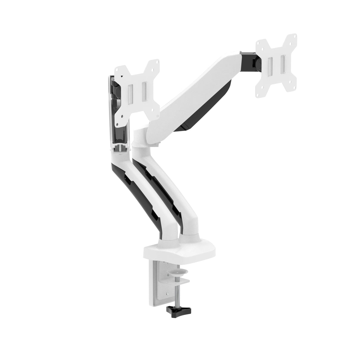 Double white and black adjustable desk monitor arm with a clip-on base and VESA mount bracket, shown on a plain white background.