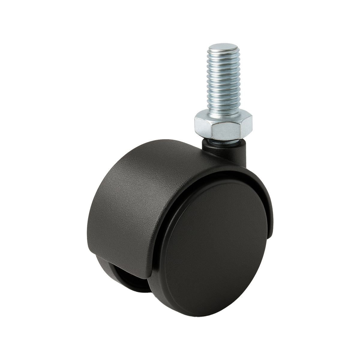 Black caster wheel with a metal bolt on a white background