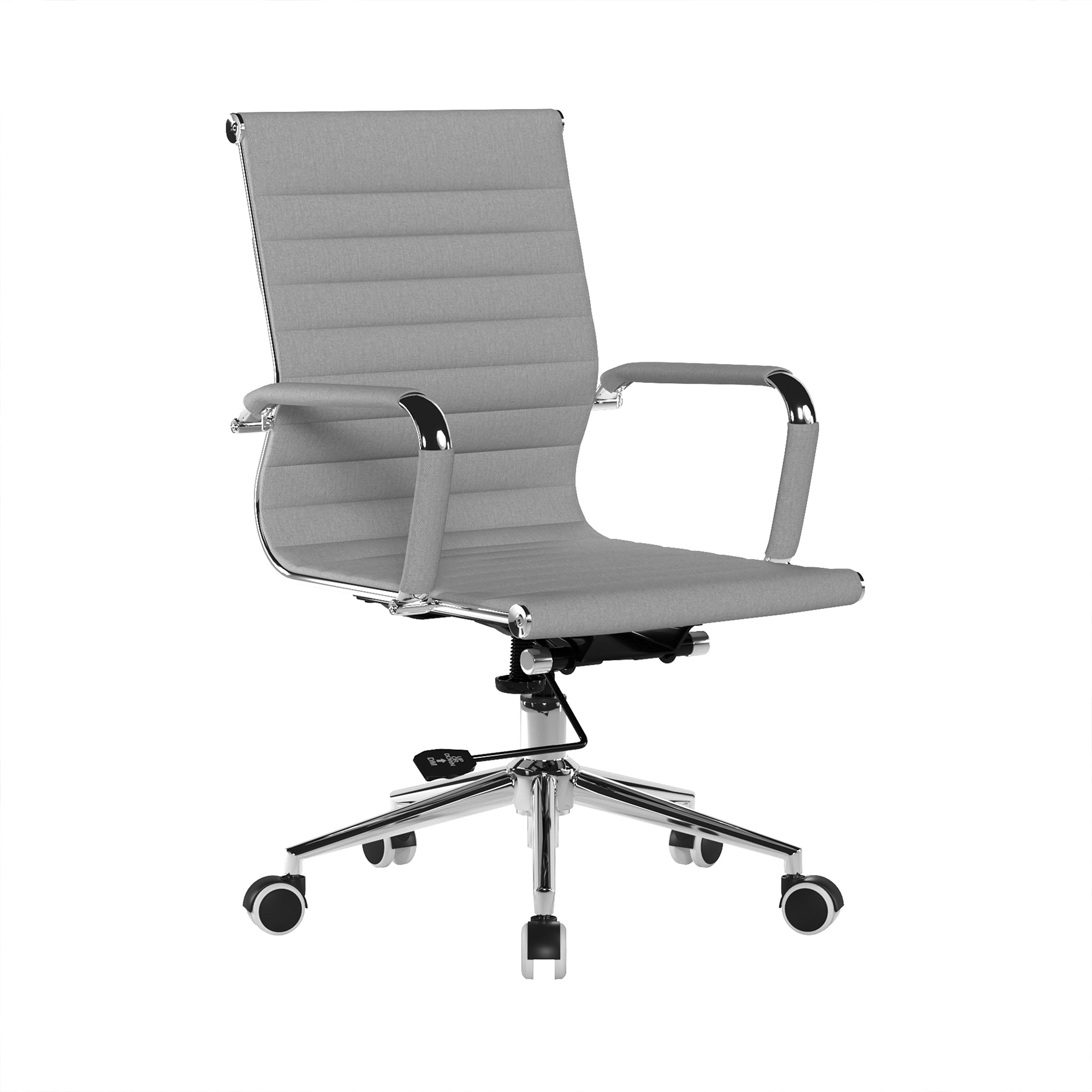 Grey office chair with a ribbed backrest on a white background