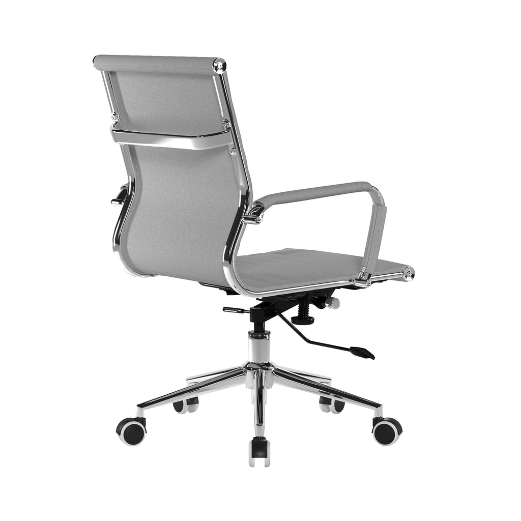 Grey office chair with a ribbed backrest on a white background