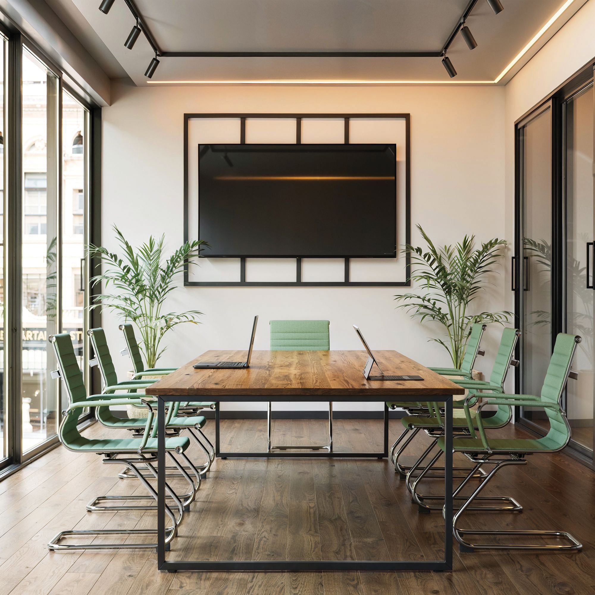 Modern conference room with wooden table and green chairs, large TV on the wall.