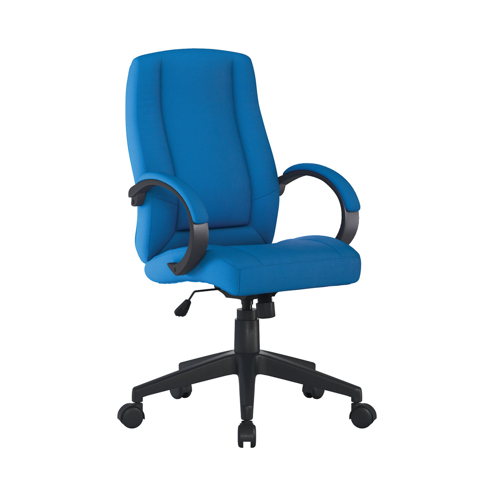 Blue office chair with black base on a white background