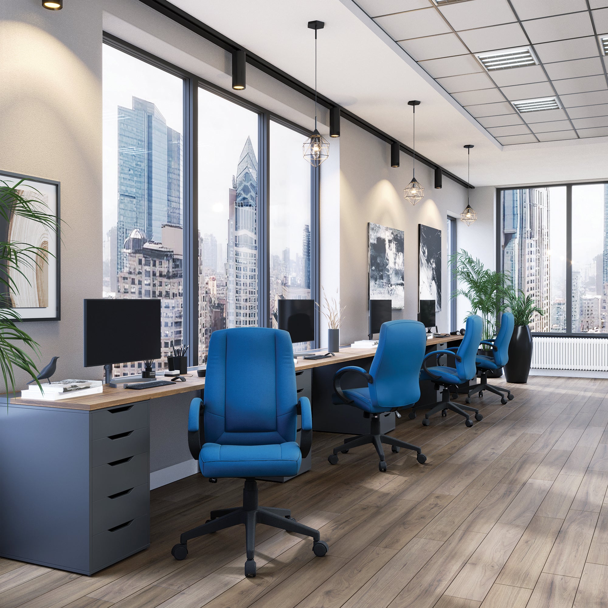 Modern office with blue chairs and desks near large windows with cityscape view