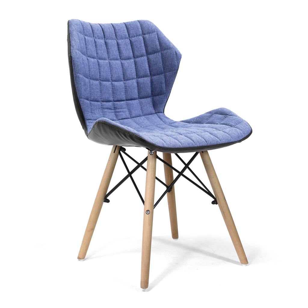 Blue quilted chair with wooden legs on a white background