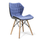 Blue quilted chair with wooden legs on a white background