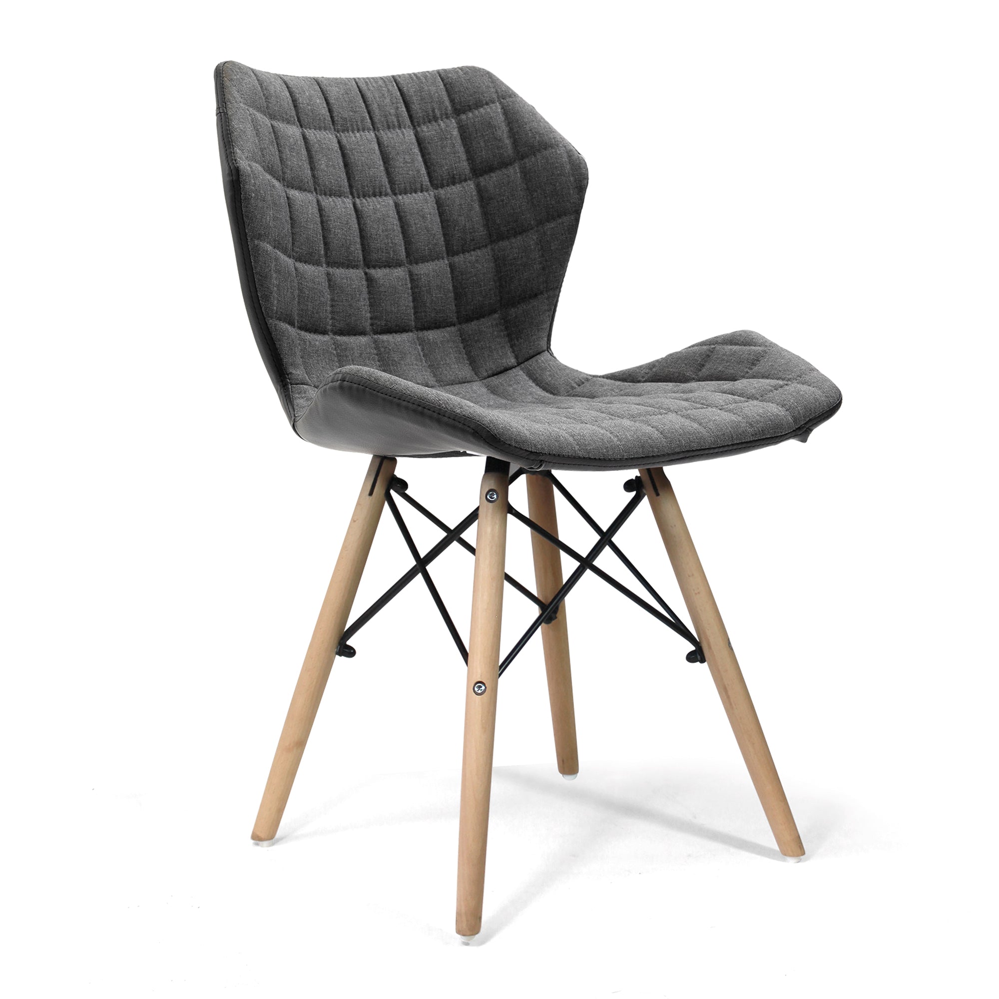 Grey quilted chair with wooden legs on a white background