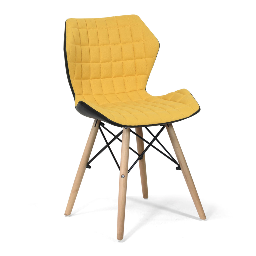 Yellow quilted chair with wooden legs on a white background