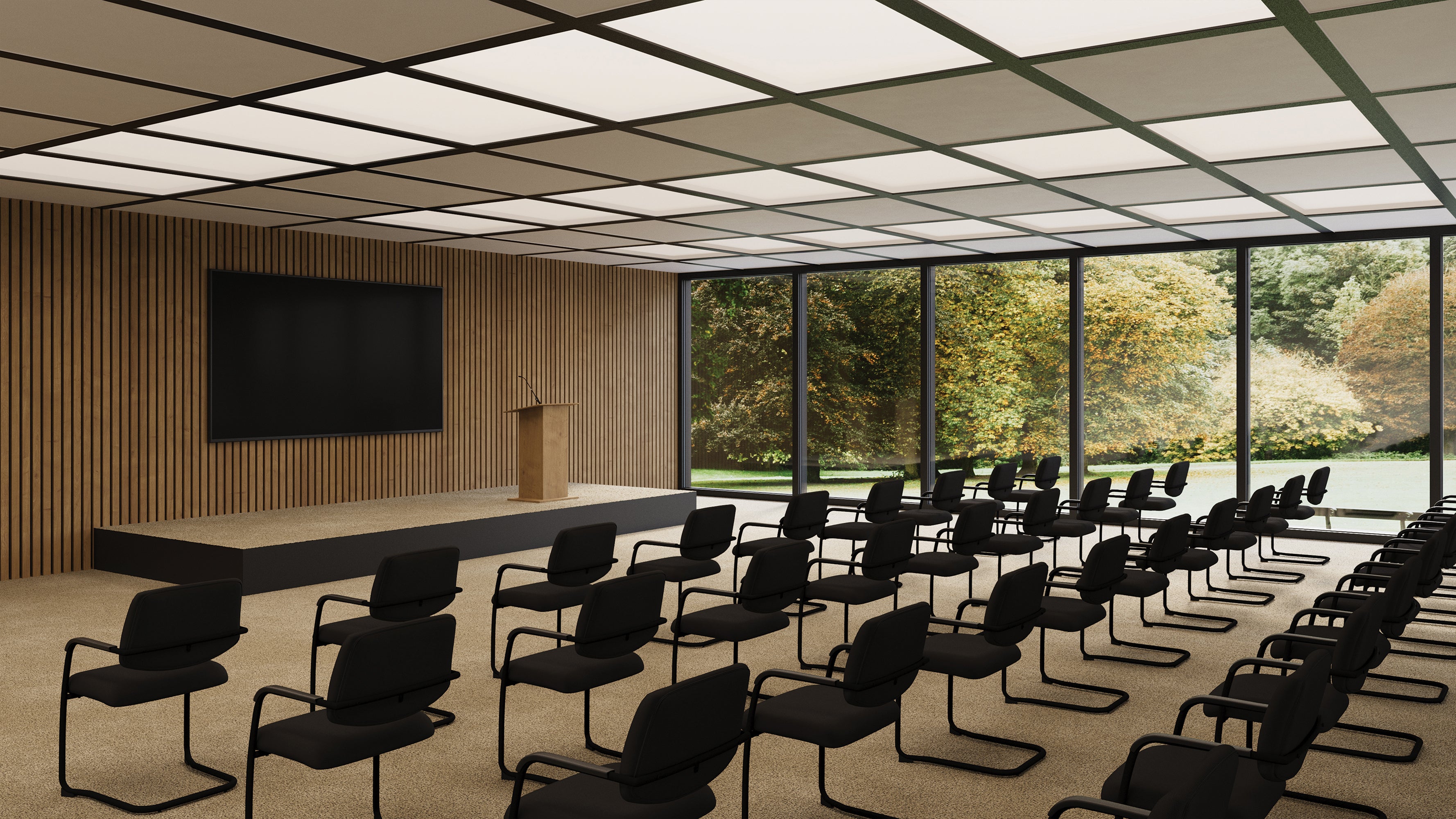 Modern conference room with rows of chairs and a large screen on a wooden wall.