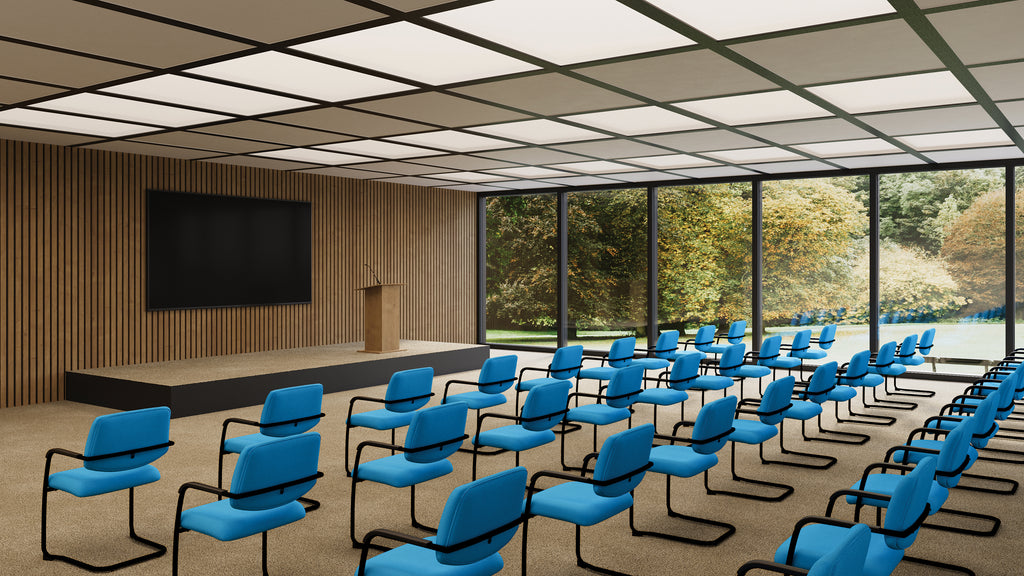 Modern conference room with blue chairs and a large window view.