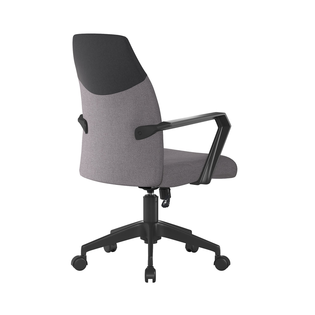 Grey office chair with black armrests and wheels on a white background
