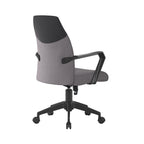 Grey office chair with black armrests and wheels on a white background