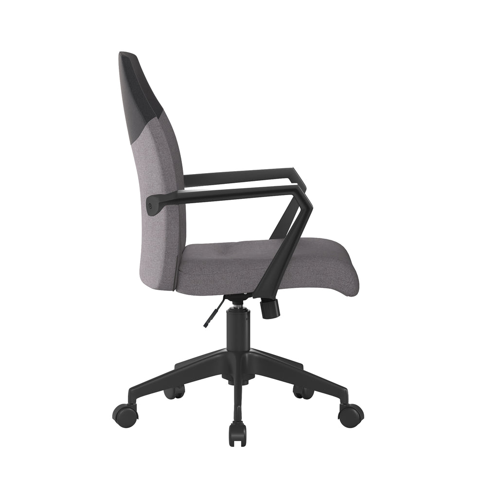 Grey office chair with black frame and wheels on a white background