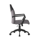 Grey office chair with black frame and wheels on a white background