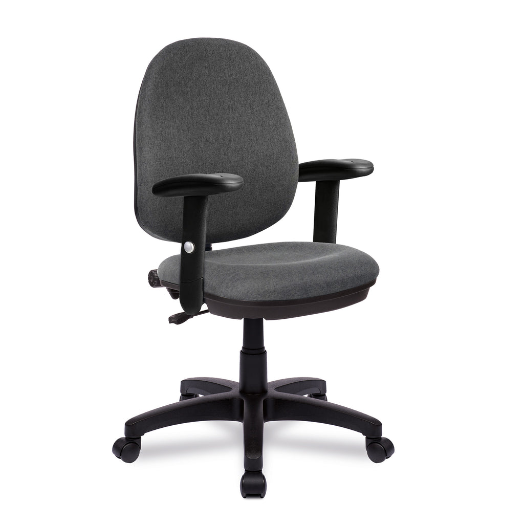Grey office chair with black arms and base on a white background