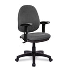 Grey office chair with black arms and base on a white background
