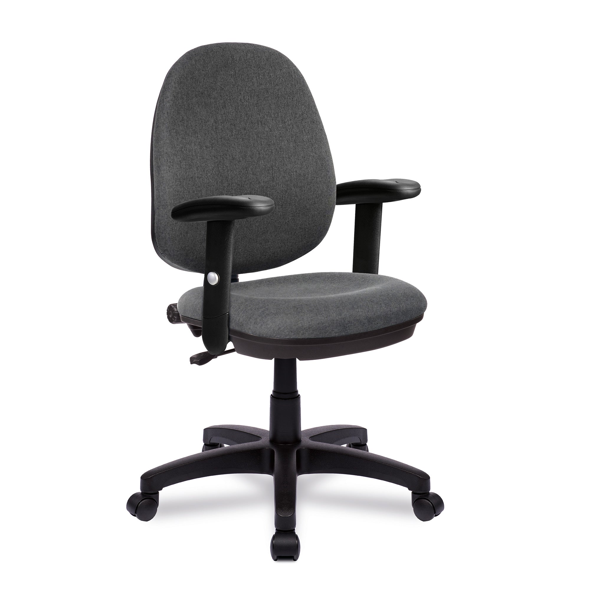Grey office chair with black arms and base on a white background