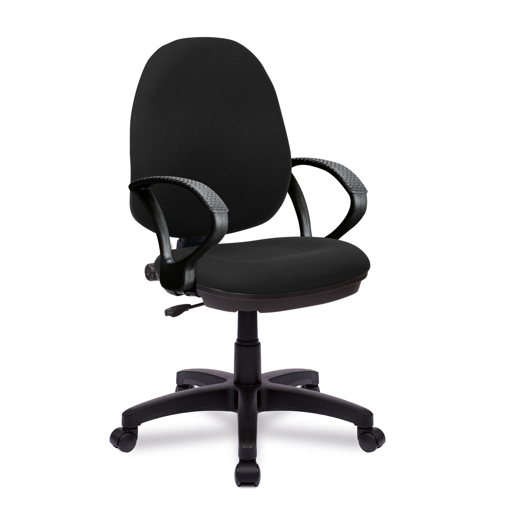 Black office chair with fixed arms on a white background