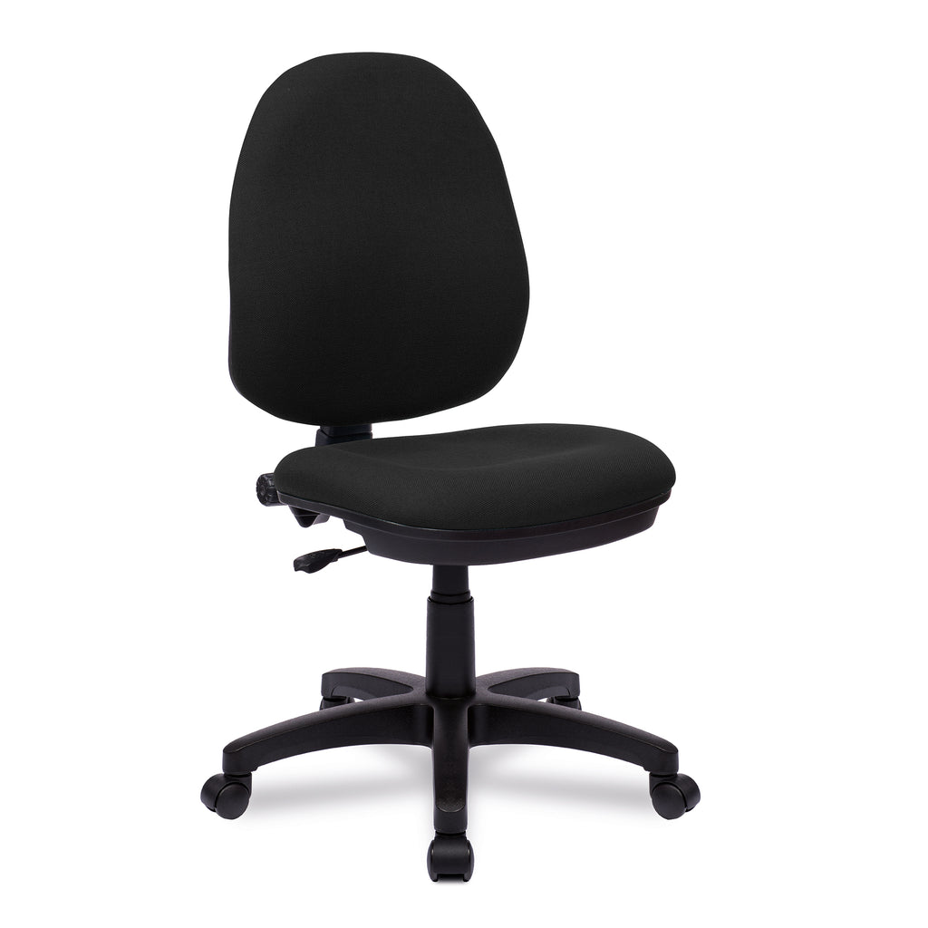 Black office chair with wheels on a white background