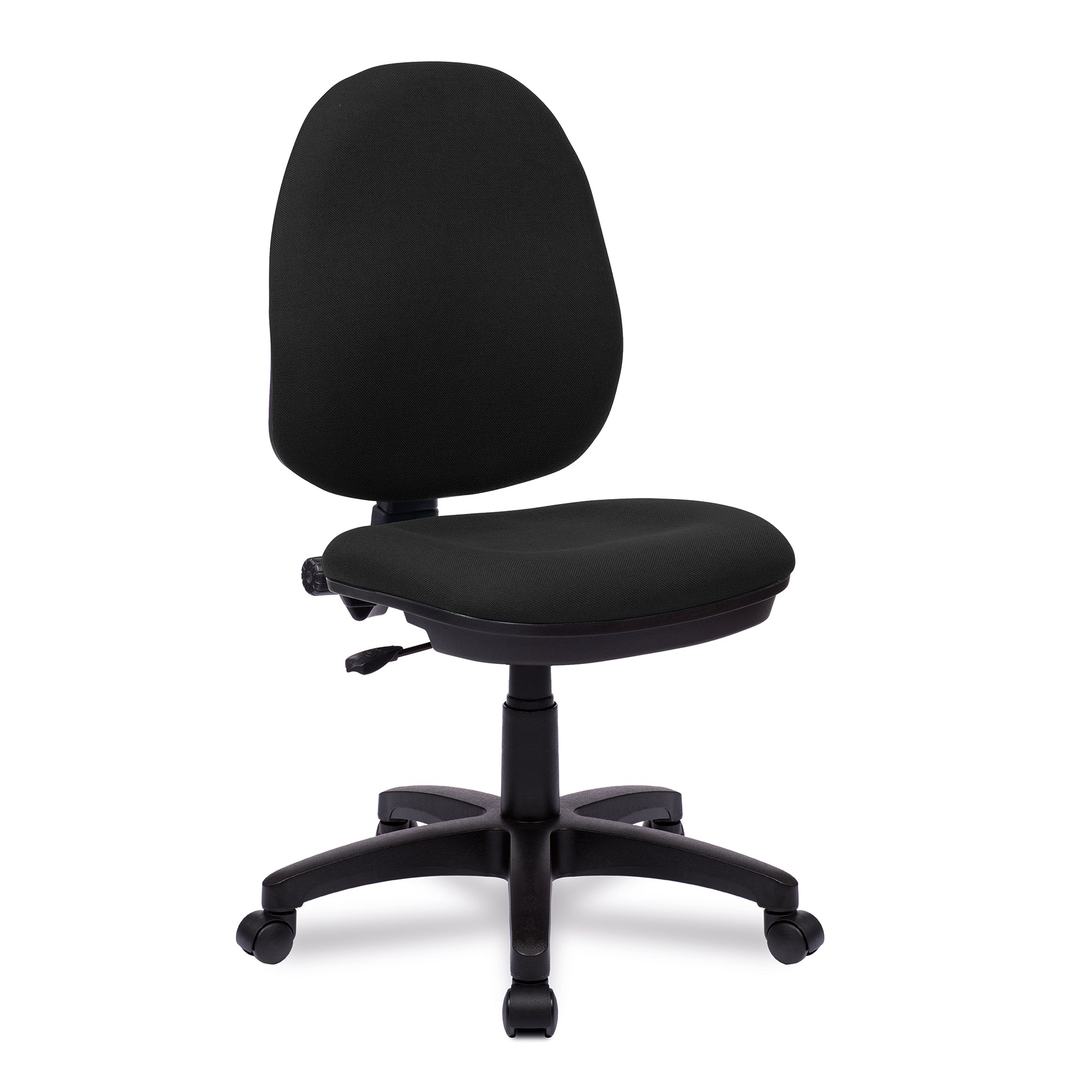 Black office chair with wheels on a white background