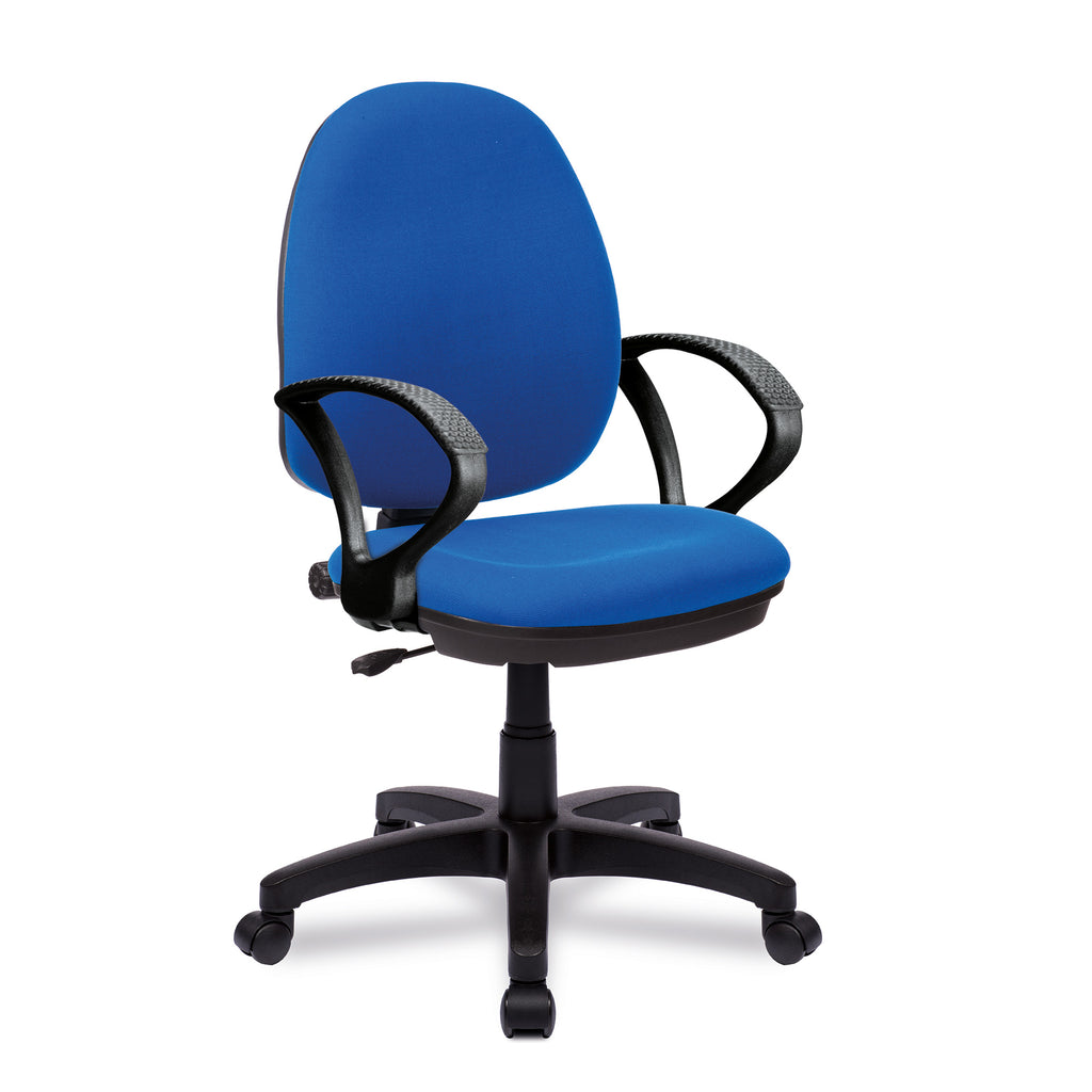 Blue office chair with fixed arms and black frame on a white background