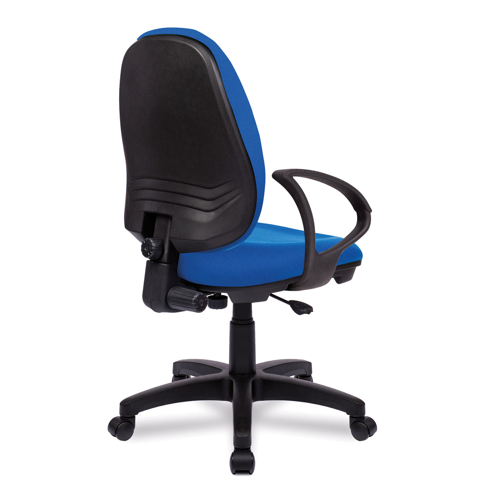 Blue office chair with black frame on a white background