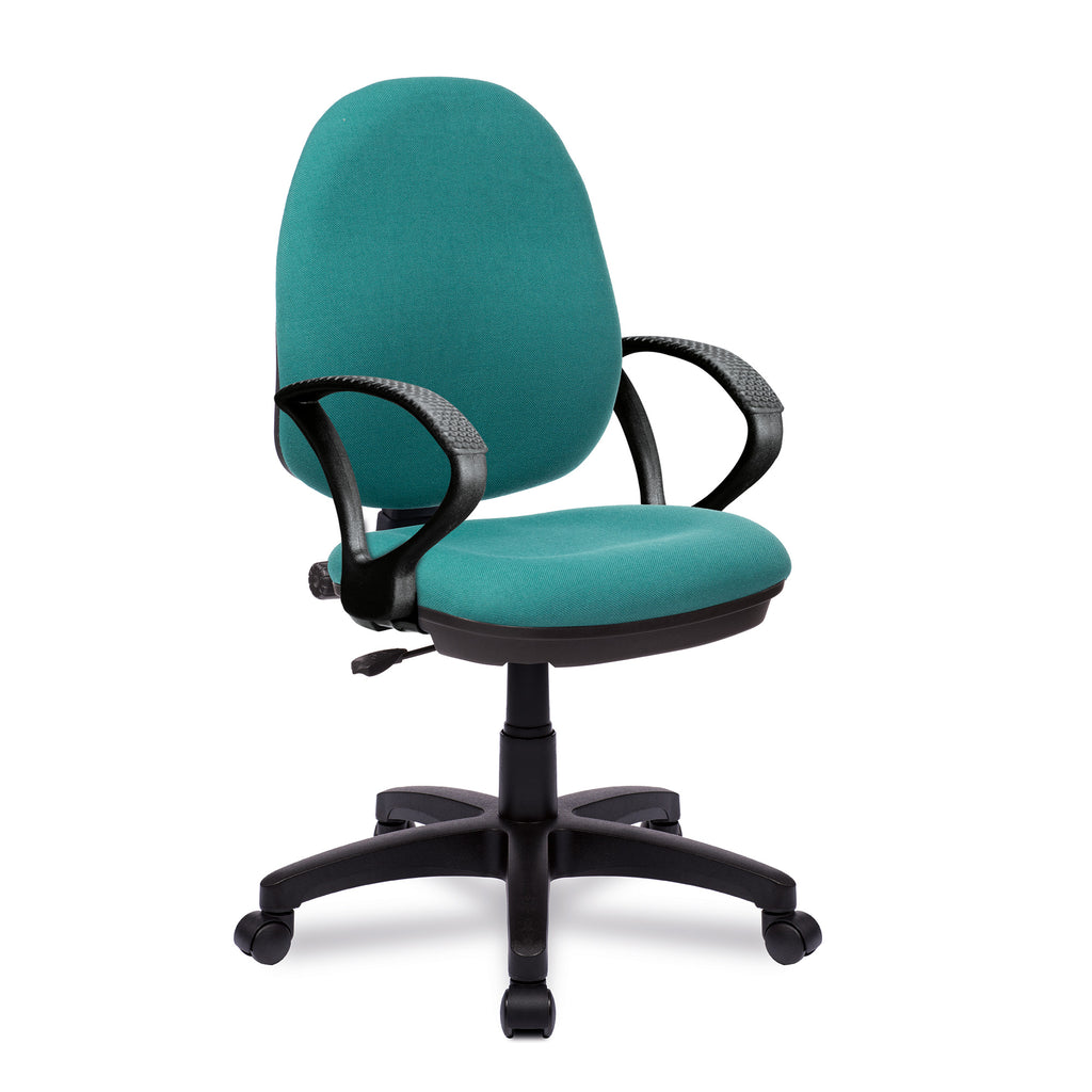 Teal office chair with fixed arms and black frame on a white background