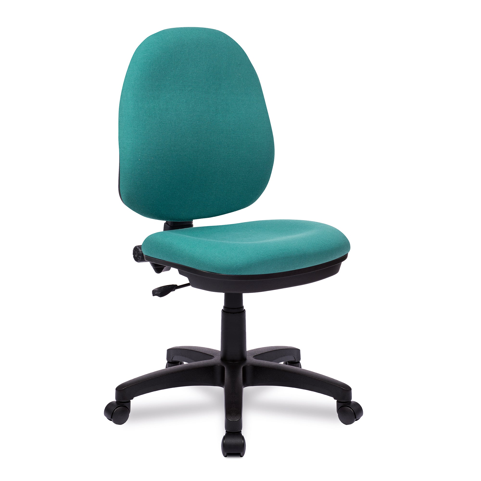 Teal office chair with black base on a white background