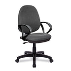 Grey office chair with black base and fixed arms on a white background