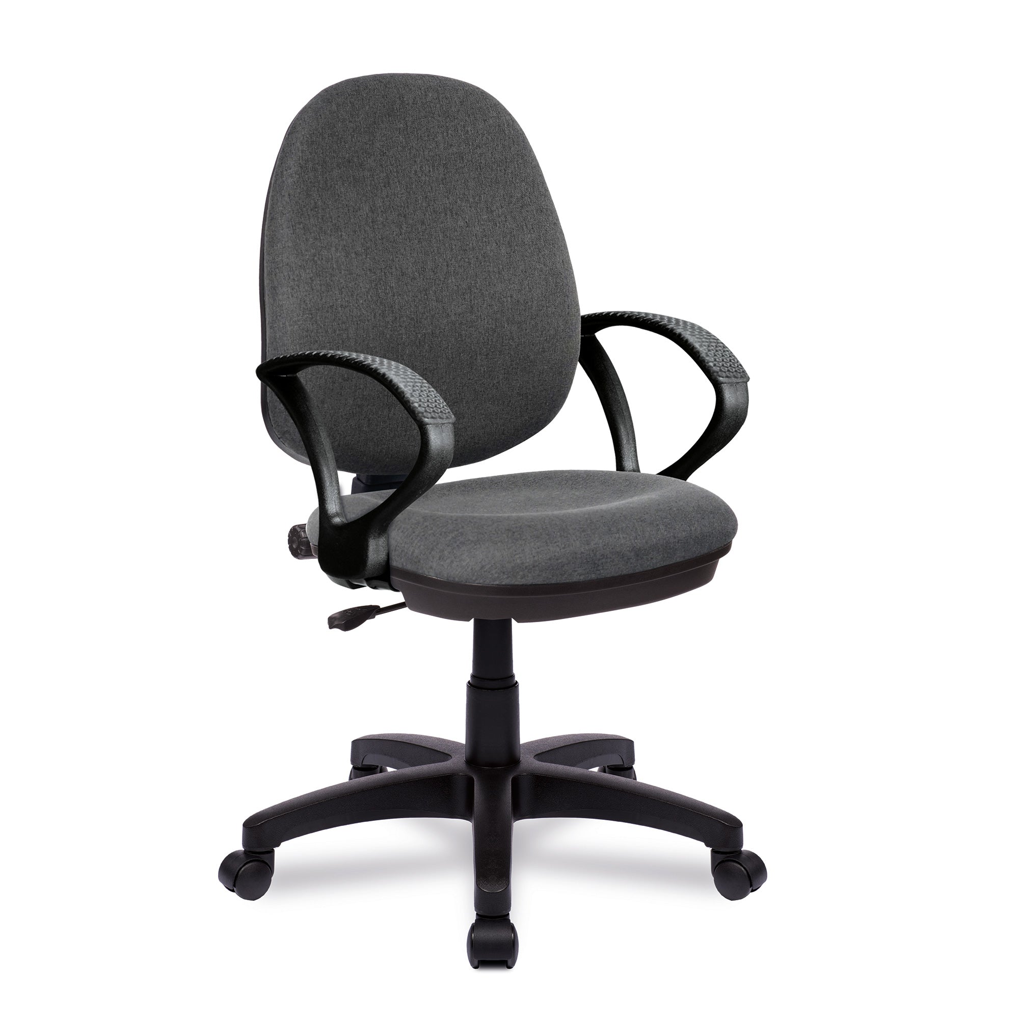 Grey office chair with black base and fixed arms on a white background