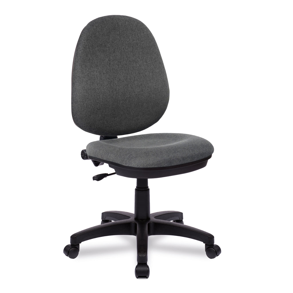 Grey office chair with black base on a white background