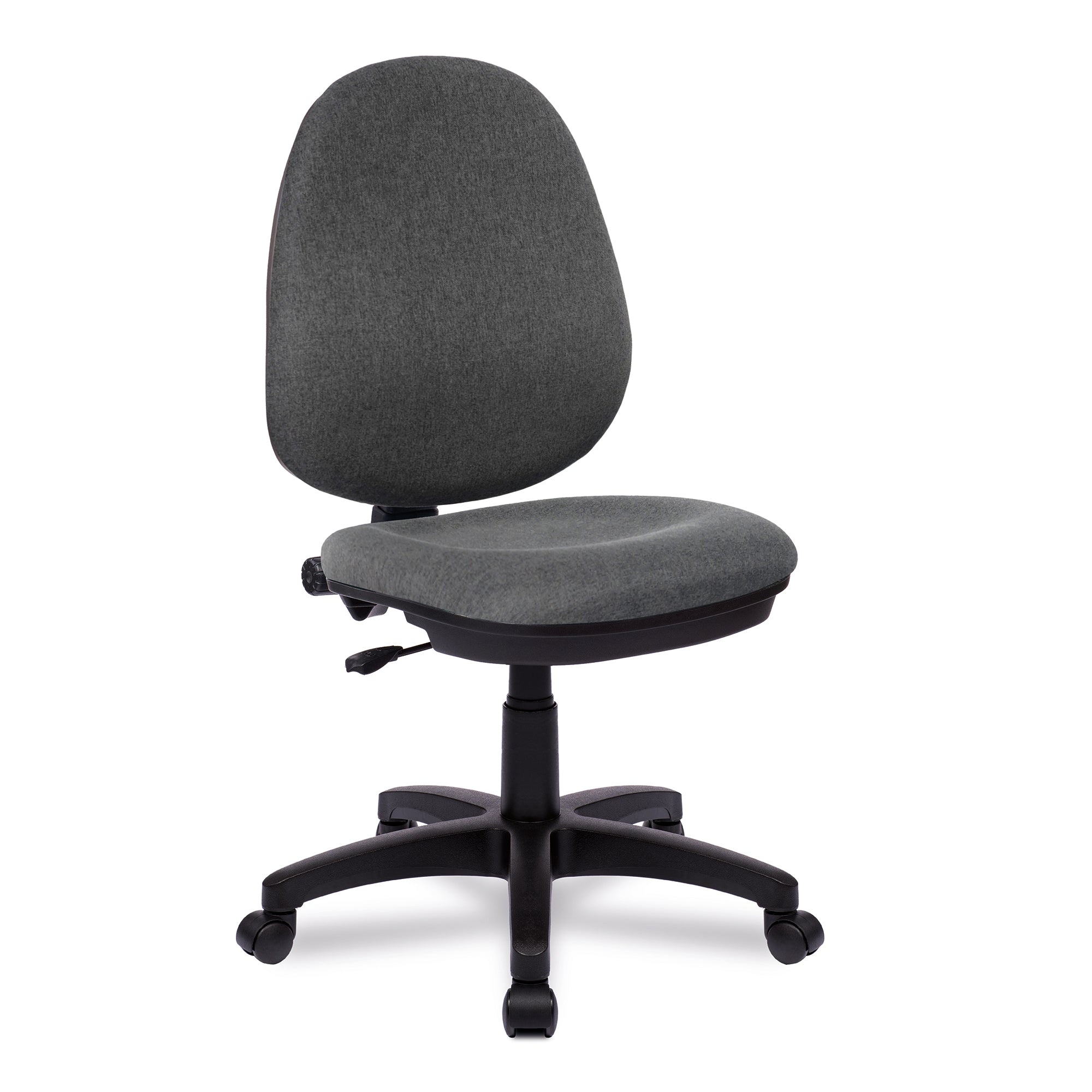 Grey office chair with black base on a white background