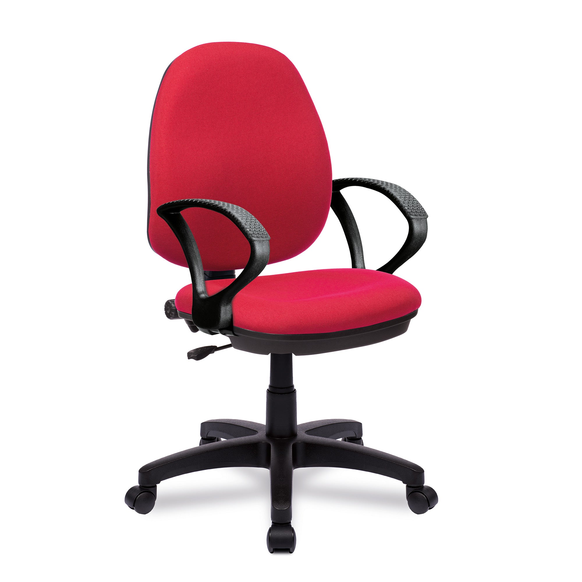 Red office chair with fixed arms and black frame on a white background