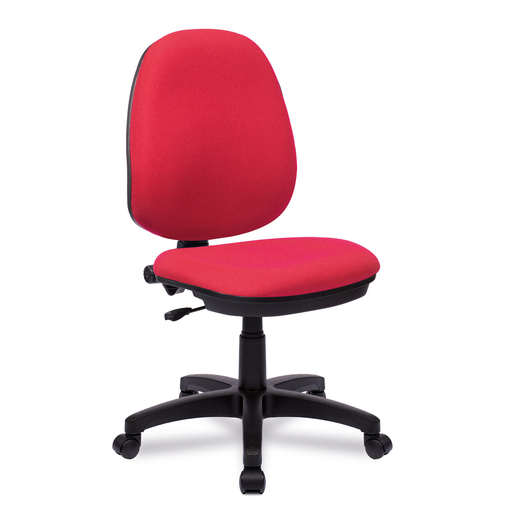 Red office chair with black base on a white background
