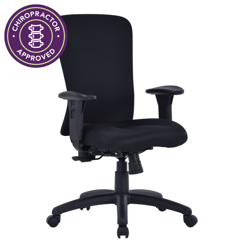 Black office chair with a 'Chiropractor Approved' label on a white background