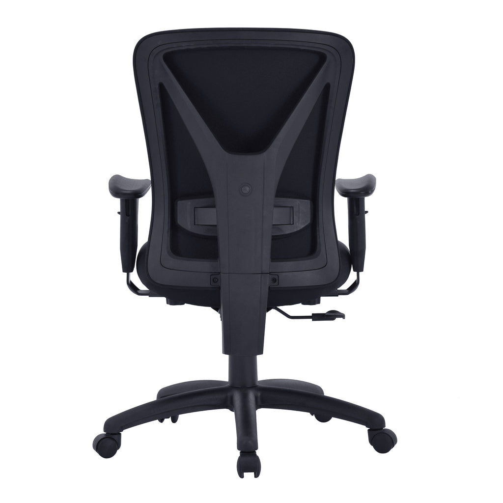 Black office chair with adjustable arms on a white background