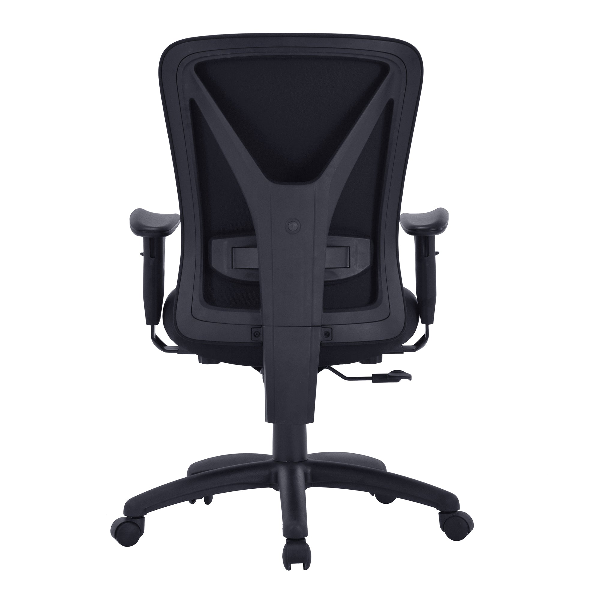 Black office chair with adjustable arms on a white background