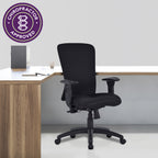Black office chair in front of a desk with a Chiropractor Approved badge on a white background