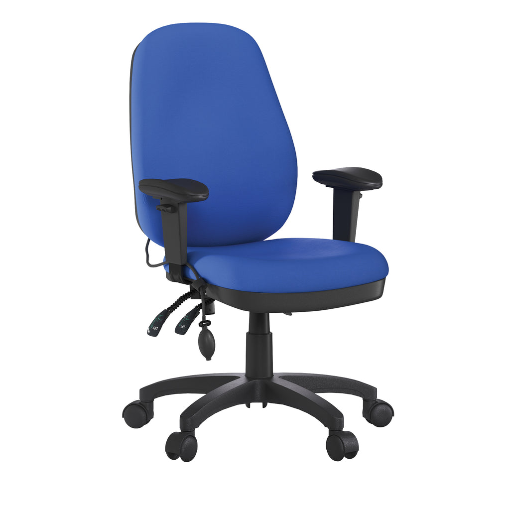 Blue office chair with black accents on a white background