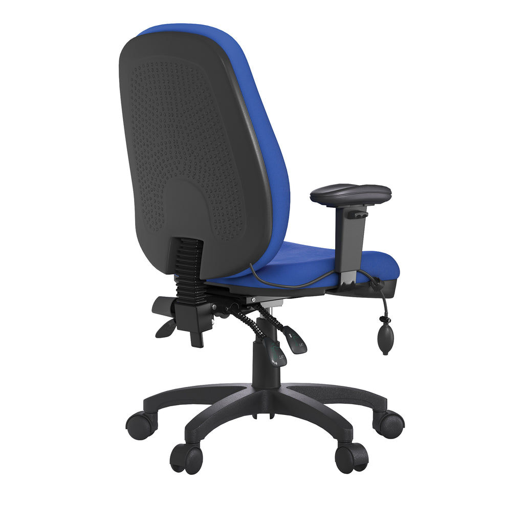 Blue and black office chair on a white background