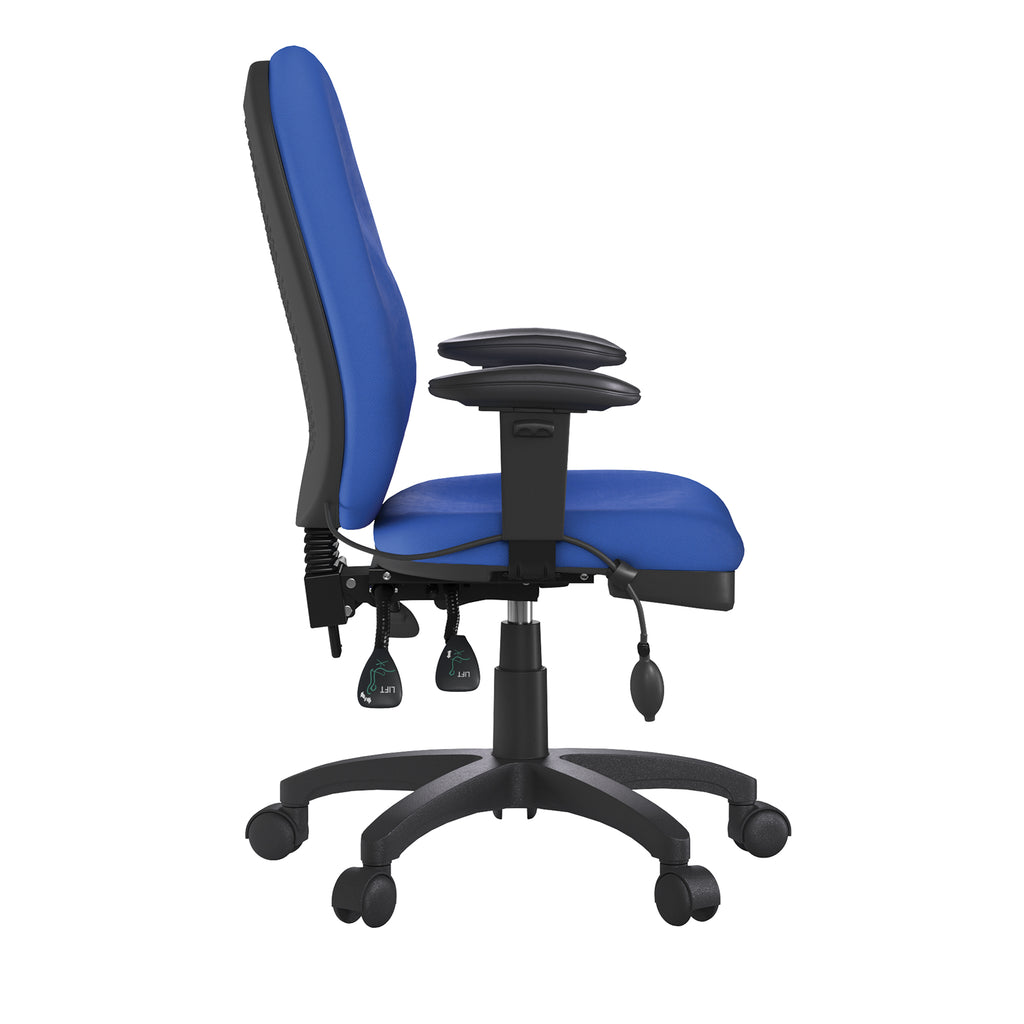 Blue office chair with black frame and wheels on a white background