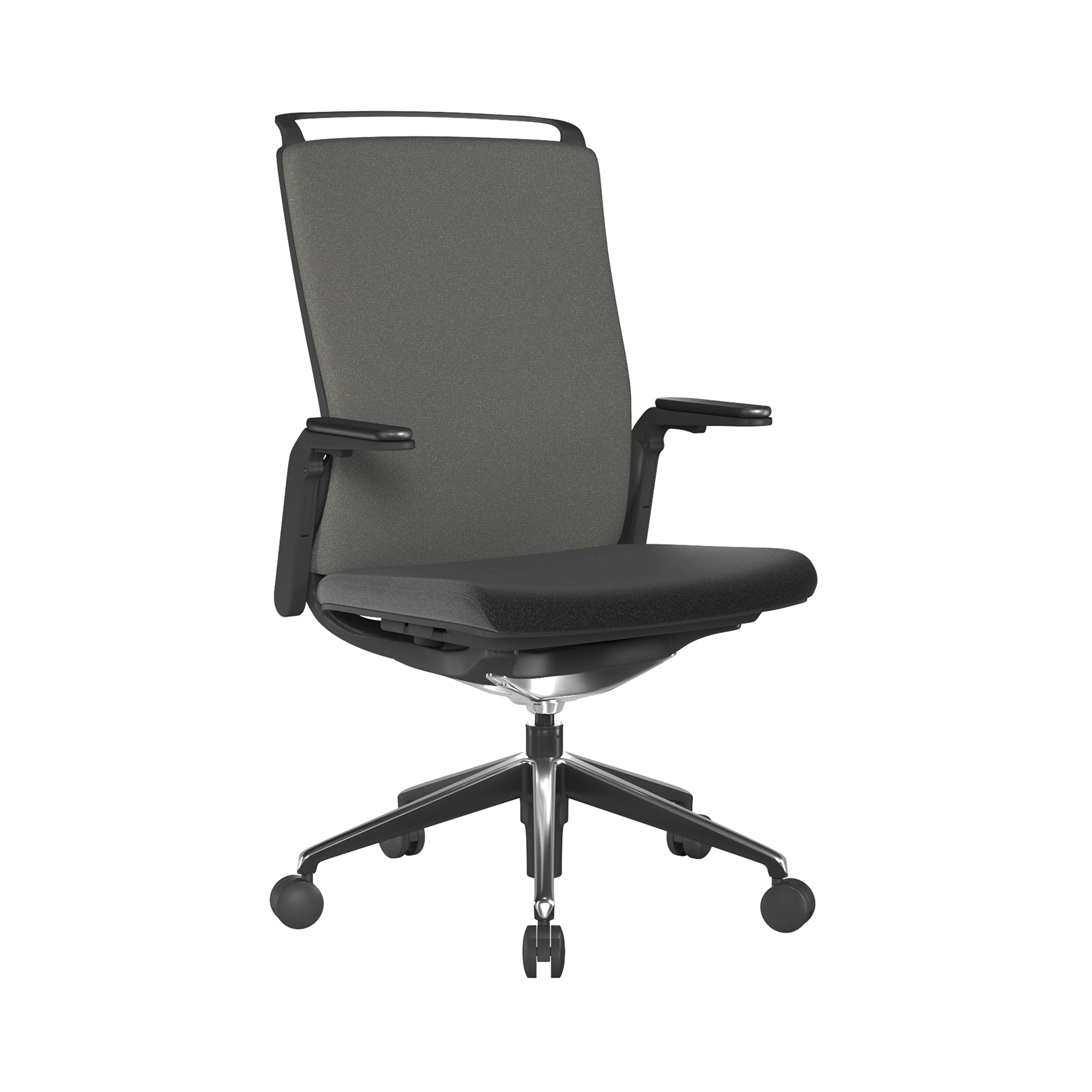 Black and grey office chair with mesh backrest on a white background