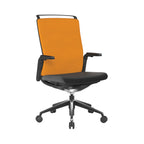 Orange office chair with black frame and wheels on a white background