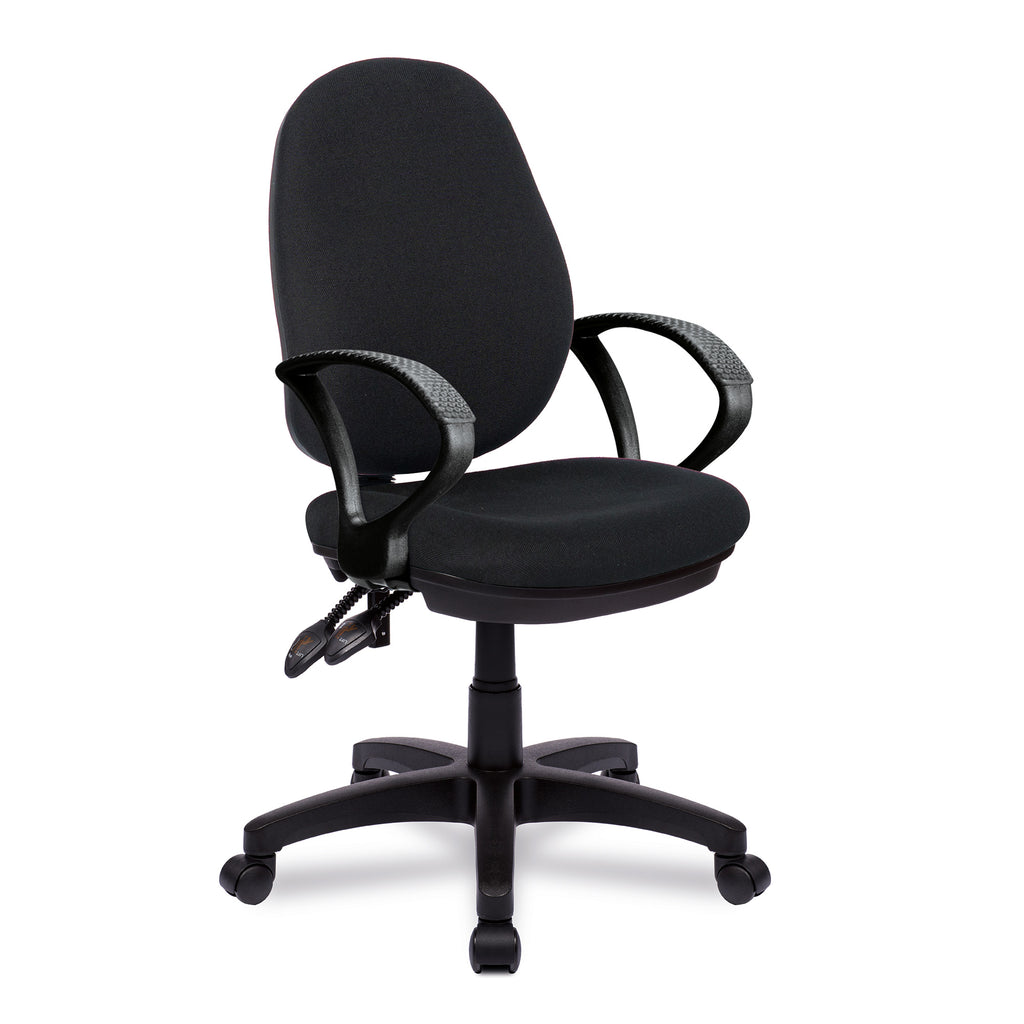 Black office chair with fixed arms on a white background
