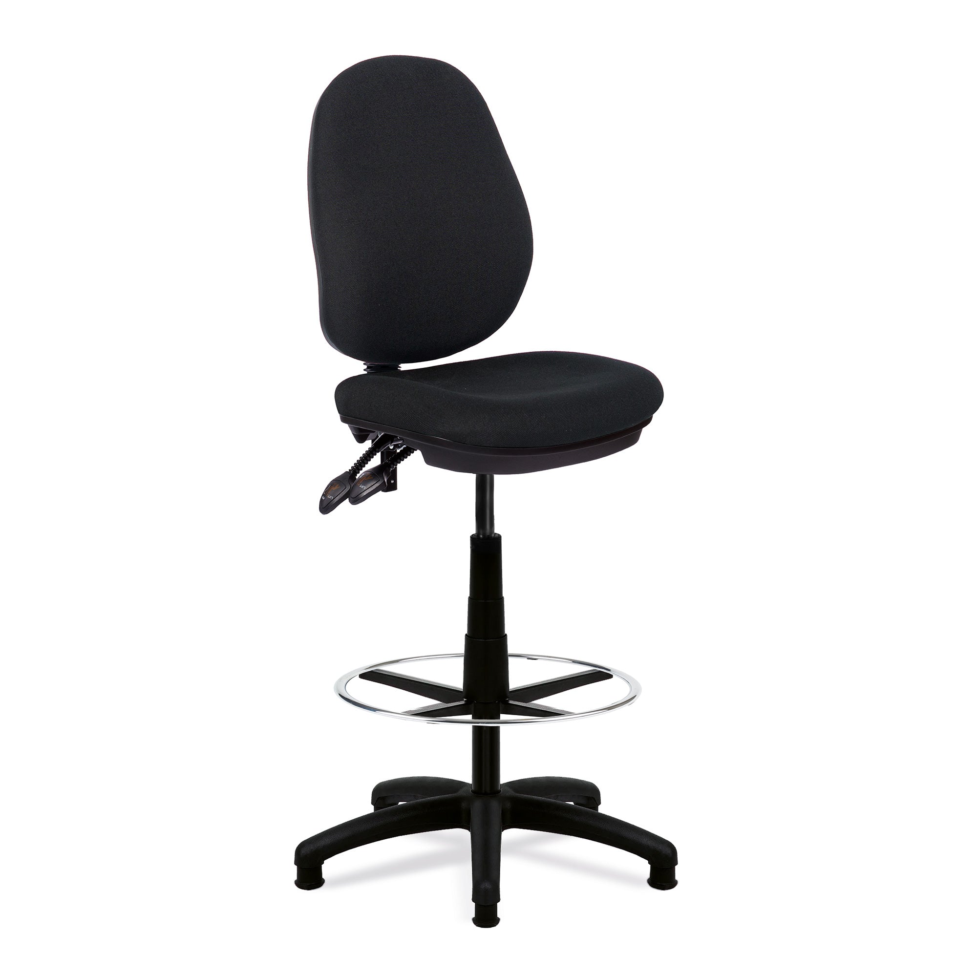 Black draughtsman office chair with adjustable height on a white background