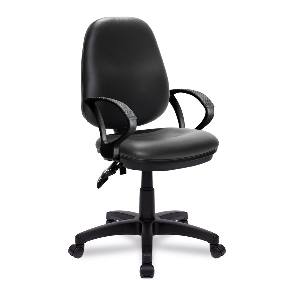 Black vinyl office chair with fixed arms on a white background