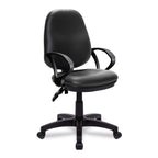 Black vinyl office chair with fixed arms on a white background